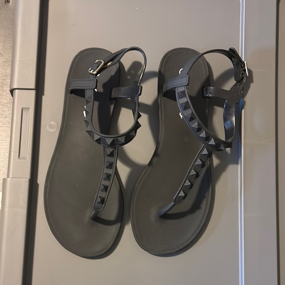 Black Studded T-Strap Sandals